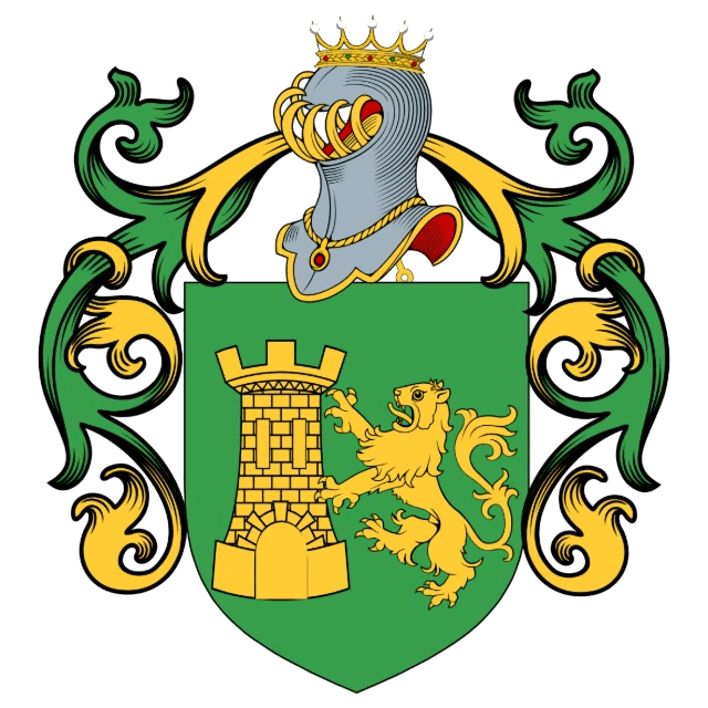 Family coat of arms — a shield vert charged with a tower and a lion or, crowned helm